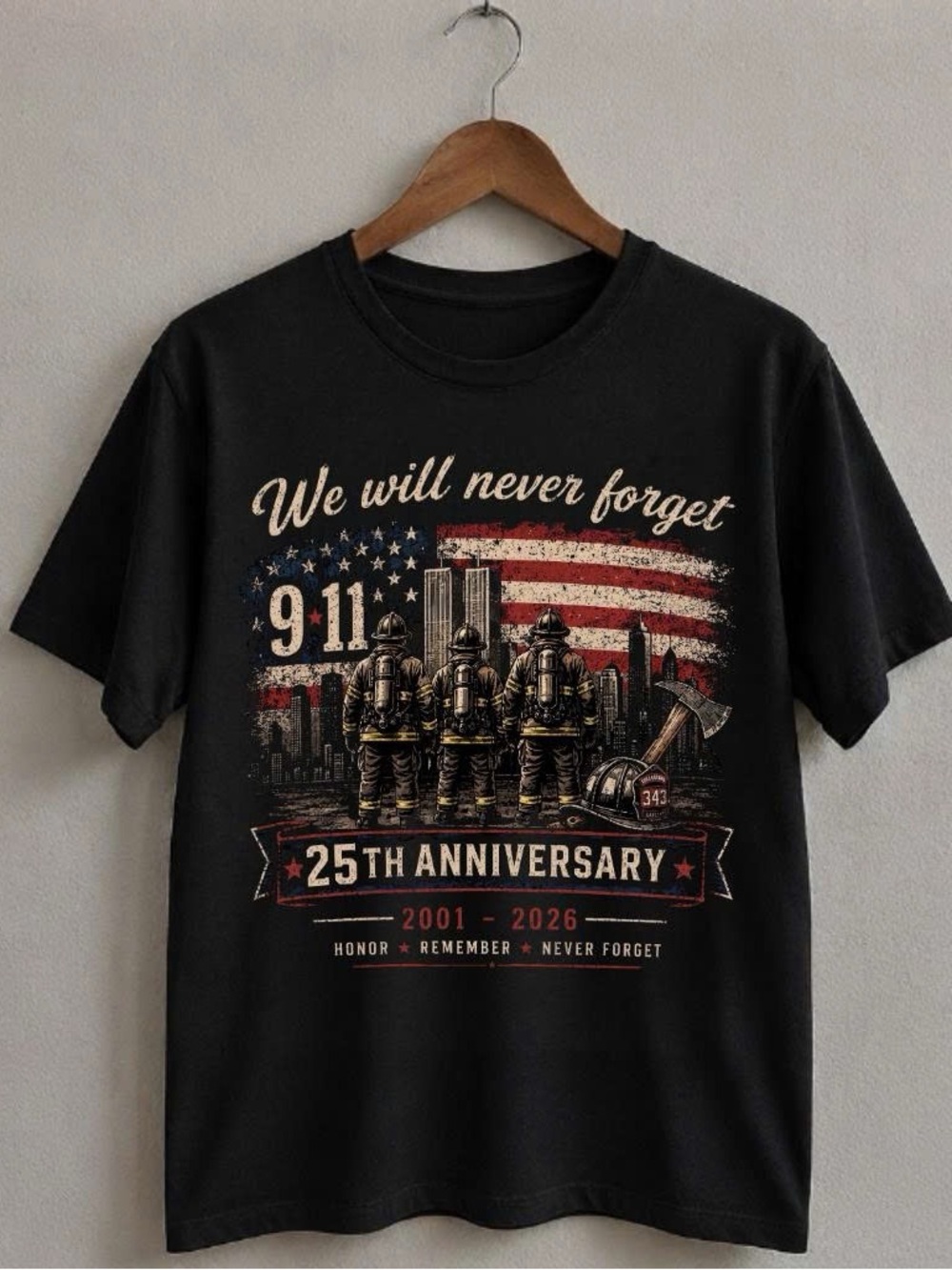 We Will Never Forget 9/11 25th Anniversary Men's T‑Shirt - Black